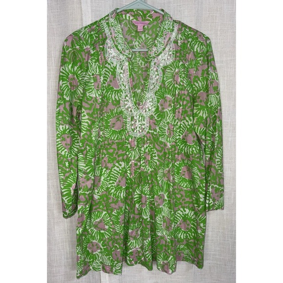 Lilly Pulitzer Tops - Lilly Pulitzer Women's Embellished Tunic Green Pink SunnySide Lion Size Medium